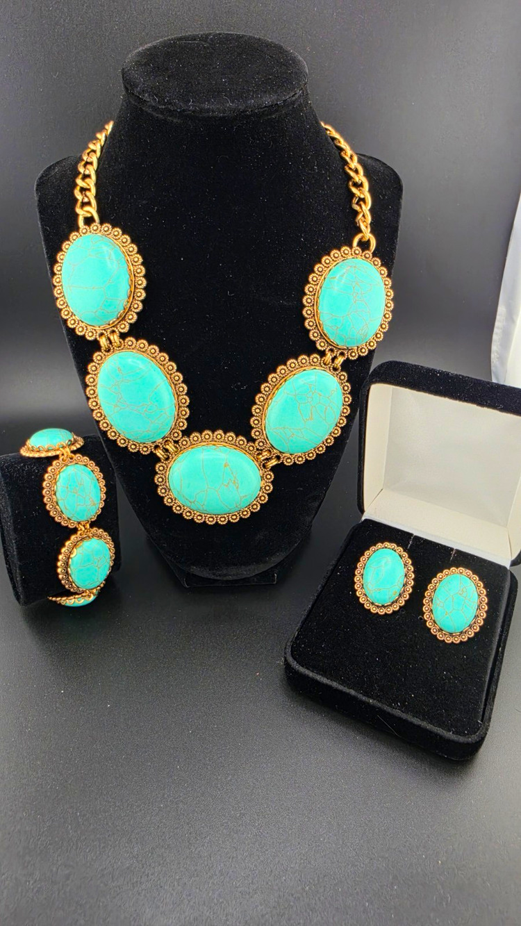 Plunder Signed Adjustable Turquoise Oval Necklace, Bracelet Earrings Set - 3pcs